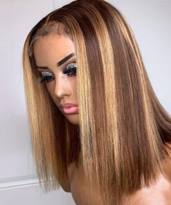 Bob Human Hair Wigs Brown Short Highlight Hd Front Lace Wig